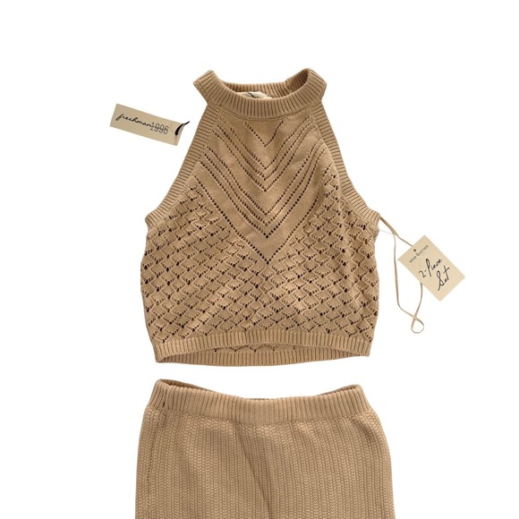 Freshman 1996 Women Tan Pointelle Knit 2 Piece Set Halter Crop Top Maxi Skirt XS - Picture 3 of 11